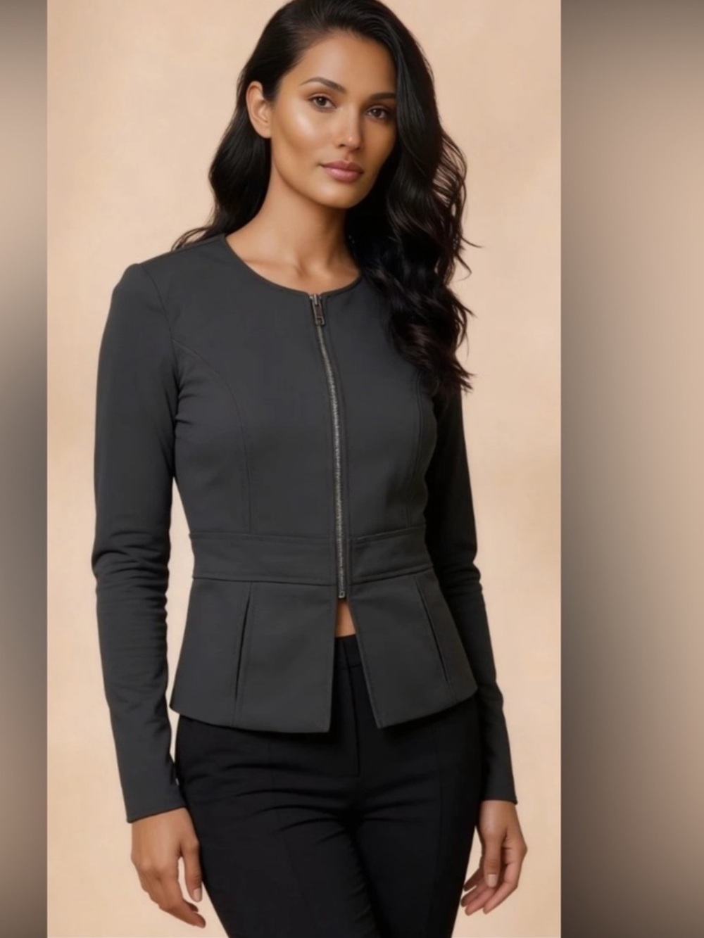 Dkny Black Zip-Front Peplum Blazer